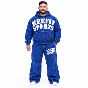 Survêtement unisexe Rexfit Sports en molleton lavé 100 % coton avec fermeture éclair, haut à capuche personnalisé avec lettres appliquées et pantalon de survêtement ample - Product Image 3