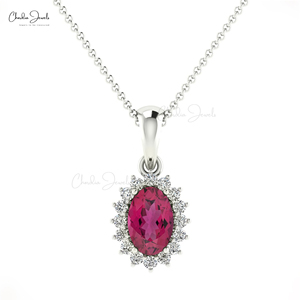 Wholesale Products Halo Pendant Oval Cut 6x4mm <b>Pink</b> Tourmaline Drop Pendant in 14k Fine Gold Diamond Custom Pendant Jewelry - Product Image 2