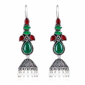 Oxidized <b>Silver</b> Multi Color Gemstone Indian <b>Dangle</b> Jhumka <b>Earrings</b> for Women Bulk Supplier - Product Image 6