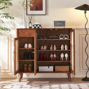 <span class=keywords><strong>Meuble</strong></span> de rangement à chaussures en rotin avec structure en <span class=keywords><strong>bois</strong></span> massif, organisateur d'entrée à 4 niveaux et un tiroir, idéal pour la décoration intérieure de style Mid-Century - Product Image 1