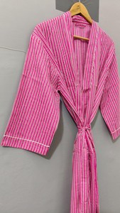Bata Kimono de Algodón Rosa Floral para Mujer, Manga Larga, Cuello en V, Larga, Ligera, Suave, con Cierre de Cordón, Casual - Product Image 5