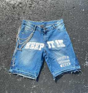 Black Washed Denim Shorts with <b>Chain</b> Detail Graphic Print Streetwear Shorts - Product Image 2