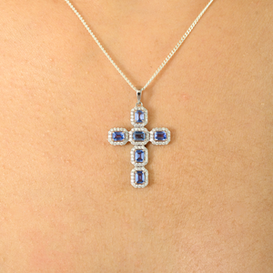 Pendentif croix en or blanc massif 14 carats avec saphir - Collier chaîne religieux vintage - Product Image 6