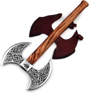 Hache viking à double tête forgée à la main – Tête en acier au carbone gravée à l'acide, manche en bois de frêne massif avec fourreau en cuir – Haches OEM personnalisées - Product Image 1