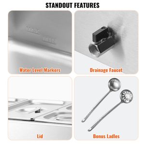 Mesa de Vapor Eléctrica Comercial de 16.4QT, 1200W, Baño María Profesional de Acero Inoxidable, Equipo para Calentar y Mantener Alimentos con 4 Recipientes - Product Image 6