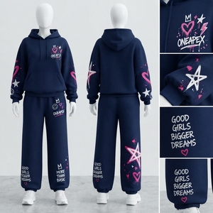 Women's Navy Blue Graphic Hoodie <b>Tracksuit</b> <b>Set</b> <b>Pink</b> Heart Star Print Wide Leg Pants Streetwear Two Piece Outfit - Product Image 2