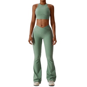 Femmes respirant écologique doux Compression élastique V coupe côtelé danse Flare pantalon soutien-gorge ensemble couleur unie Gym Fitness Yoga - Product Image 3