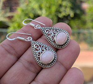 Pendientes Colgantes Boho de Plata de Ley 925 con Ópalo Rosa para Mujer, Pendientes de Aro en Forma de Lágrima Hechos a Mano, Joyería Clásica para Bodas - Product Image 2