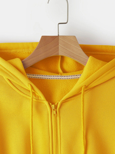 Sweat-shirt à capuche jaune pour femme, manches longues, fermeture éclair, couleur unie, tricoté en spandex/coton respirant, vêtement décontracté d'automne - Product Image 3