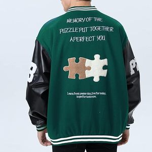 Chaqueta Varsity Verde para Hombre Lucky Arranc con Mangas de PU y Diseño de Parche con la Letra A, Ropa Casual de Otoño - Product Image 5