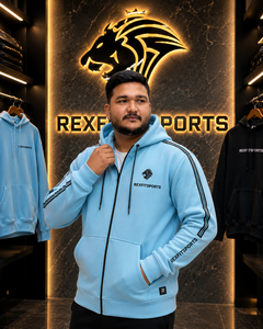 REXFITSPORTS 2026 Sweat à capuche unisexe personnalisé bleu ciel avec fermeture éclair intégrale, 280-300 GSM, en molleton de coton et polyester, veste décontractée pour la gym et le streetwear - Product Image 4