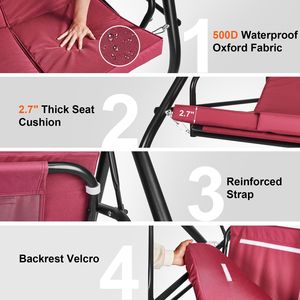 Dondolo da Giardino a 3 Posti con Tettuccio Convertibile e Cuscini Rimovibili - Per Esterni, Patio e Veranda - Realizzato in Poliestere Resistente - Product Image 5