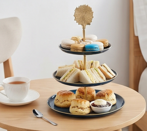 Elegant <b>3</b>-<b>Tier</b> Metal <b>Cake</b> <b>Stand</b> With Gold Flower Top Blue Round Trays Handmade Multi-Layer Display For Wedding Events Restaurant - Product Image 5