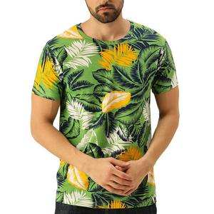 Camiseta de Manga Corta con Cuello Redondo y Estampado de Hojas Tropicales para Hombre, Corte Regular, Informal, de Algodón Jersey, Transpirable, con Diseño Estampado - Product Image 1