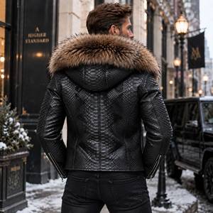 Men's Handmade Python Leather <b>Jacket</b> Fox Fur Hood <b>Motorcycle</b> Biker Style | Herren Lederjacke | Chaqueta Hombre Cuero - Product Image 4