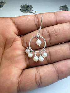 Freshwater Pearl Gemstone Hoop Long <b>Earrings</b> 925 Sterling Silver Classic Indian Jewelry Women's 4.06g for Party Wedding Gift - Product Image 1