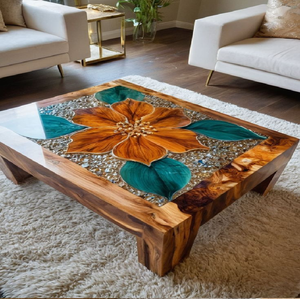 Con una base moderna de madera con listones y un tapa de resina abstracta con diseño de rayos de sol, esta mesa de centro de diseño está disponible al por mayor. - Product Image 4