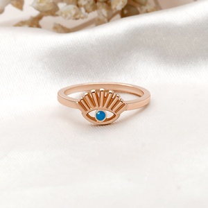 Bague Classique Œil de Diable en Argent Plaqué Or Rose avec Cristal Diamant d'Eau et Émail Bleu pour Femme, Cadeau, Accessoire de Mode - Product Image 2