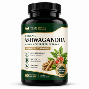 Ashwagandha naturelle avec du poivre noir en capsules, adaptogène pour le soulagement du stress, complément alimentaire quotidien pour le bien-être, OEM - Product Image 1