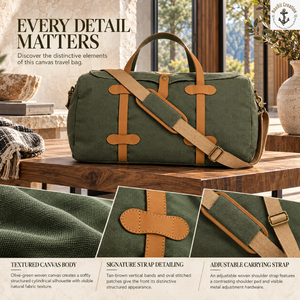 Heritage Olive Canvas Travel Duffel <b>Bag</b> with <b>Tan</b> Strap Details | Classic Large Weekender Carryall with Adjustable Shoulder Strap - Product Image 5