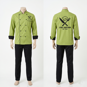 ชุดยูนิฟอร์มเชฟชาย ผ้าโพลีคอตตอนทวิล 240 GSM สีเขียวอมฟ้า เสื้อเชฟแบบกระดุมสองแถว กางเกง พร้อมปักโลโก้ตามแบบที่ต้องการ - Product Image 6