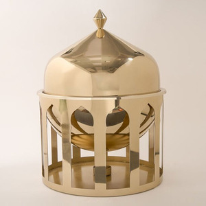 Stunning Metal Gold Finish Chafing Dish Featured Inside An Architectural Arch Cutout <b>Stand</b> With Pointed Dome Lid Used In Wedding - Product Image 1