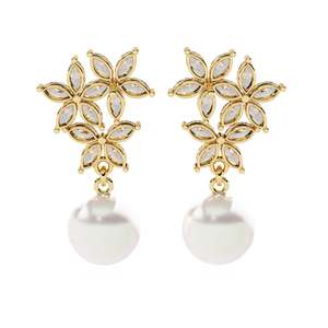 Boucles d'oreilles en or blanc pour femmes, perles et diamants taille marquise, motif floral, bijoux de mariage classiques - Product Image 4
