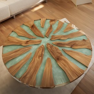 Mesa de epoxi con diseño de resina verde en forma de rayos de sol y base de pedestal de madera maciza, mesa de centro de lujo hecha a mano, decoración para el hogar. - Product Image 6