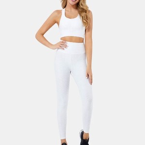 White 2 Piece Yoga Set <b>Crop</b> <b>Top</b> High Waist Leggings Seamless Breathable Racerback Sleeveless Solid Pattern - Product Image 4