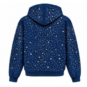 Sweat-shirt à capuche bleu marine entièrement zippé, orné de perles et de cristaux, style streetwear tendance, à manches longues avec poche avant - Product Image 2