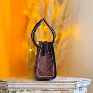 New Hand Tooled Brown Color Florals Carved On Black Color 100% Genuine Leather Material Border Stitched Tote Purse Bag For Women - Product Image 3