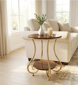 Round Walnut <b>Top</b> <b>Console</b> <b>Table</b> <b>with</b> Brass Legs and Lower Shelf for Living Room Furniture - Product Image 2