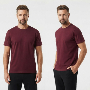T-shirt en jersey de coton uni à col rond et manches courtes pour homme, coupe classique, vêtements décontractés, bordeaux - Product Image 4