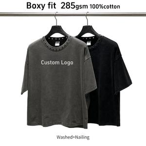 เสื้อผ้าผู้ชาย |   เสื้อยืดคอกลมทรงหลวมสไตล์อเมริกันวินเทจผ้าฝ้ายเนื้อนุ่มระบายอากาศดี ตกแต่งหมุด ไม่ต้องรีด ส่งแบบ DDP - Product Image 5