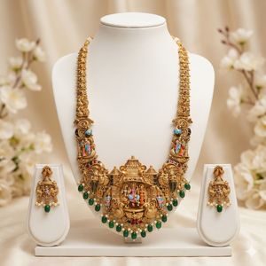 High Quality Traditional South <b>Indian</b> Temple Ethnic Brass Laxmi Bridal Set Zircon Flower Design Rose Gold Plated Wedding Party - Product Image 1