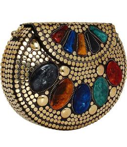 Bolso de Mano Étnico de Imitación Antigua Chapado en Oro con Cuentas Verdes y Piedras Kundan, Marca AL MALIK CRAFT, Uttar Pradesh, para Bodas y Fiestas - Product Image 3