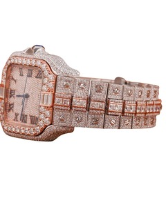 Luxury Hip Hop Iced Out <b>Case</b> Quartz Movement <b>Watch</b> VVS Moissanite Round Cut Diamond Rose Gold Band in Pink Roman Dial Custom - Product Image 3