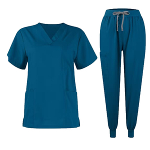 Blouse unisexe à manches courtes en coton et polyester, uniforme d'hôpital, bleu clair, col en V, pour femmes - Product Image 1
