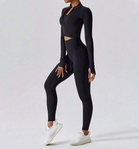 Conjunto Deportivo de Dos Piezas para Mujer, Chaqueta con Cierre y Leggings Sin Costuras, Alta Elasticidad, para Yoga, Ejercicio, Gimnasio - Product Image 2