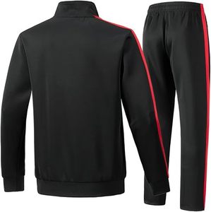 Ensemble de survêtement pour homme noir à rayures rouges, col montant, fermeture éclair intégrale, en polyester tricoté respirant, style sportif, pour l'automne - Product Image 2