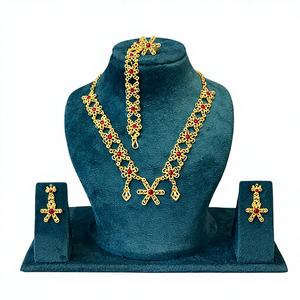 MOLL JEWELLERS Ensemble de bijoux de mariée vintage en cuivre plaqué or, collier et boucles d'oreilles à motif floral étoilé avec pierre rouge - Product Image 1