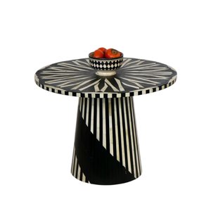 Round MDF Table With White Bone Inlay Sunburst Design Contemporary Style Lacquer Finish Bedside Wardrobe table for home living - Product Image 2