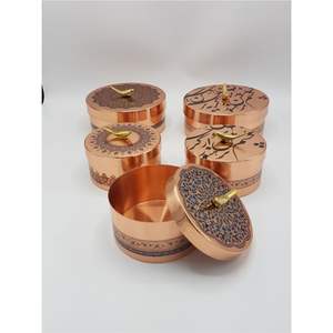 Tarros Decorativos de Cobre Hechos a Mano, Estilo Medio Oriente, Recipientes para Frutos Secos y Nueces, Botes de Arte Esmaltado con Adorno de Pájaro Dorado - Product Image 1