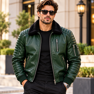 Wholesale <b>Men's</b> Genuine Leather <b>Flight</b> <b>Jacket</b> with Shearling Collar Quilted Shoulders Custom Color OEM Zip Pocket Outerwear - Product Image 1
