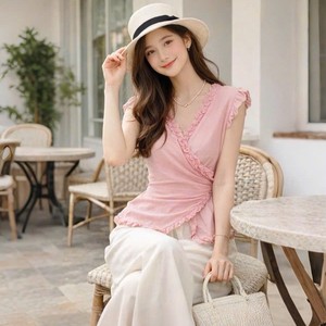 เสื้อผู้หญิงคอวีผูกเอว แต่งระบาย ผ้าฝ้าย 100% แขนกุด สไตล์ลำลอง สำหรับฤดูร้อน - Product Image 1
