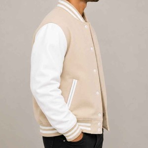 Blouson universitaire homme beige et blanc avec lettre L en relief, à capuche, col montant fin, coupe ajustée, respirant, pour l'hiver - Product Image 4