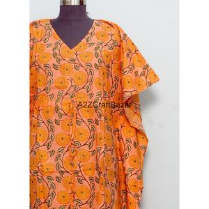Caftán de algodón para mujer, cuello en V, sin mangas, ecológico, ajustado, con estampado de bloques, lavable, cómodo, corte maxi, con aberturas - Product Image 2