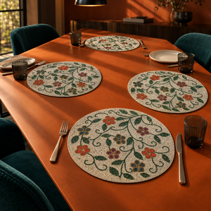 Set de table en perles de verre multicolores à motifs floraux, broderie de vigne verte |   Tapis de table décoratif moderne, résistant à la chaleur, écologique et fait main - Product Image 4