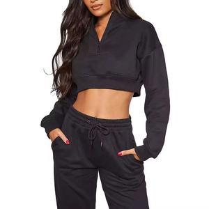 2024 nuevo estilo de Invierno para mujer, chándal con cremallera completa lavada, pantalón acampanado, 100% de algodón, 380gsm, conjunto de Jogger de dos piezas, sólido de talla grande - Product Image 5