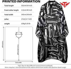 Cape de barbier noire personnalisée avec impression d'outils de barbier dorés, en polyester imperméable, pour salon de coiffure, unisexe adulte - Product Image 2